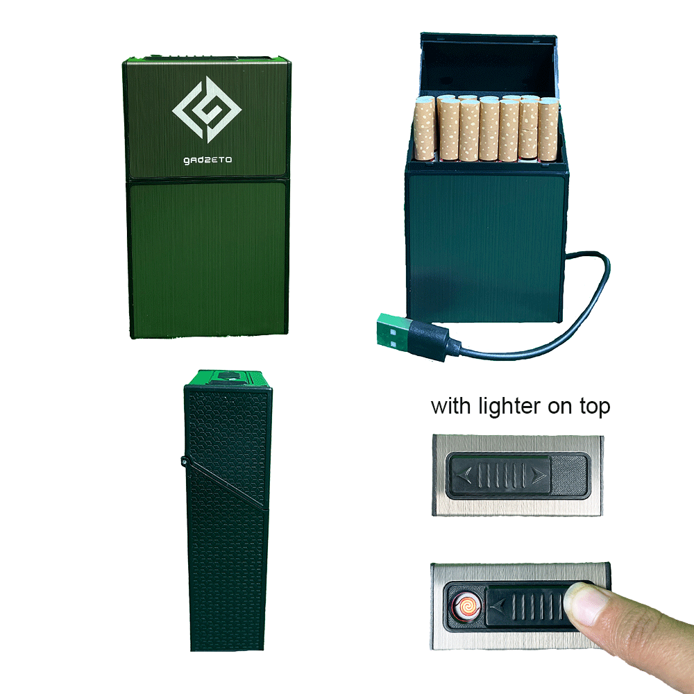 Creative Black Aluminum Cigarette Case with USB Electric Lighter for Whole Package 20pcs Cigarettes,